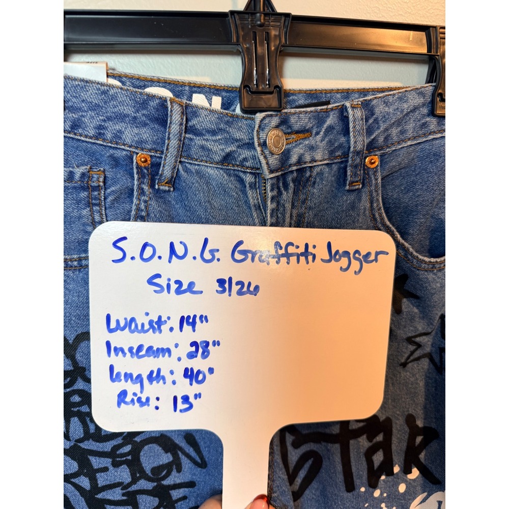SONG Graffiti Jogger Jeans Women's Size 3/26 Blue Denim Elastic Waist Art - Picture 8 of 10